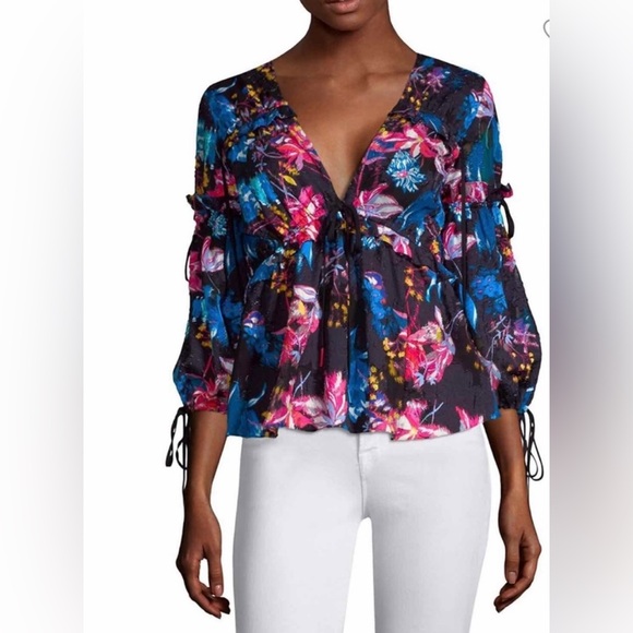 Tanya Taylor Tops - Tanya Taylor Dutch Garden floral print v neck top silk cotton blend crop style